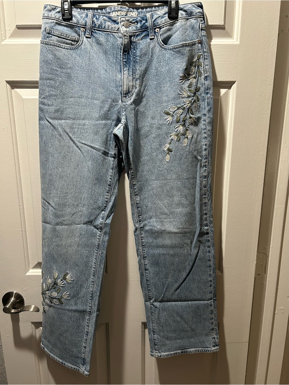 Lands' End Soft Denim Mid Rise Relaxed Straight Leg Embroidered Jeans Lake Blue